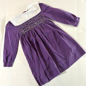 VTG Polly Flinders, Collared Smocked Purple Long Sleeve Mini Floral Girls Dress